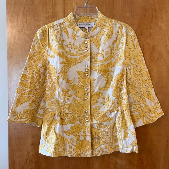 Normandy & Monroe Yellow White Print Linen Blazer Jacket Luxury Gathered Hem 10 - Picture 12 of 12